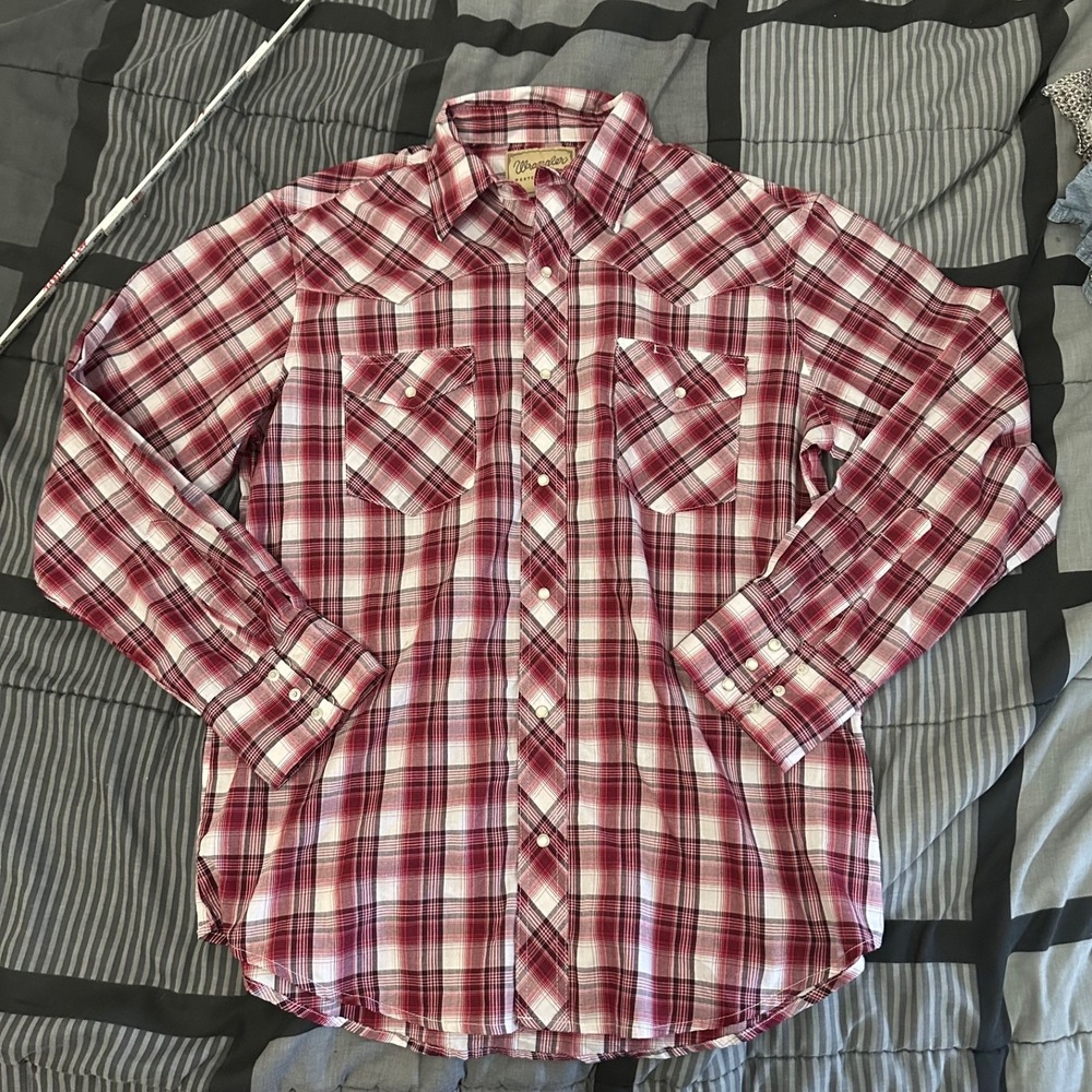 Wrangler Shirt Mens Large Red Blue Plaid Western Cotton Blend Pearl Snap Casual